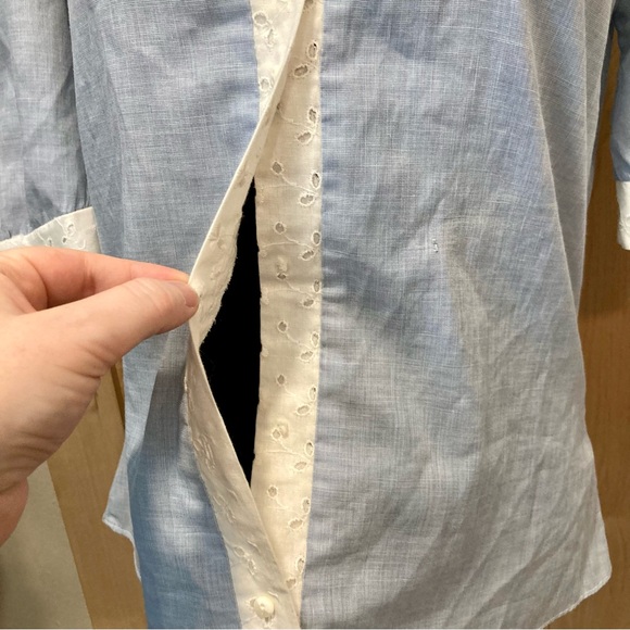 Vintage Blouse Light Blue with White Eyelet Trim and Puffy Shoulders - Picture 4 of 14